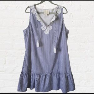 Sail To Sable Blue White Striped Dress Crochet Detailing Tassels Size XL